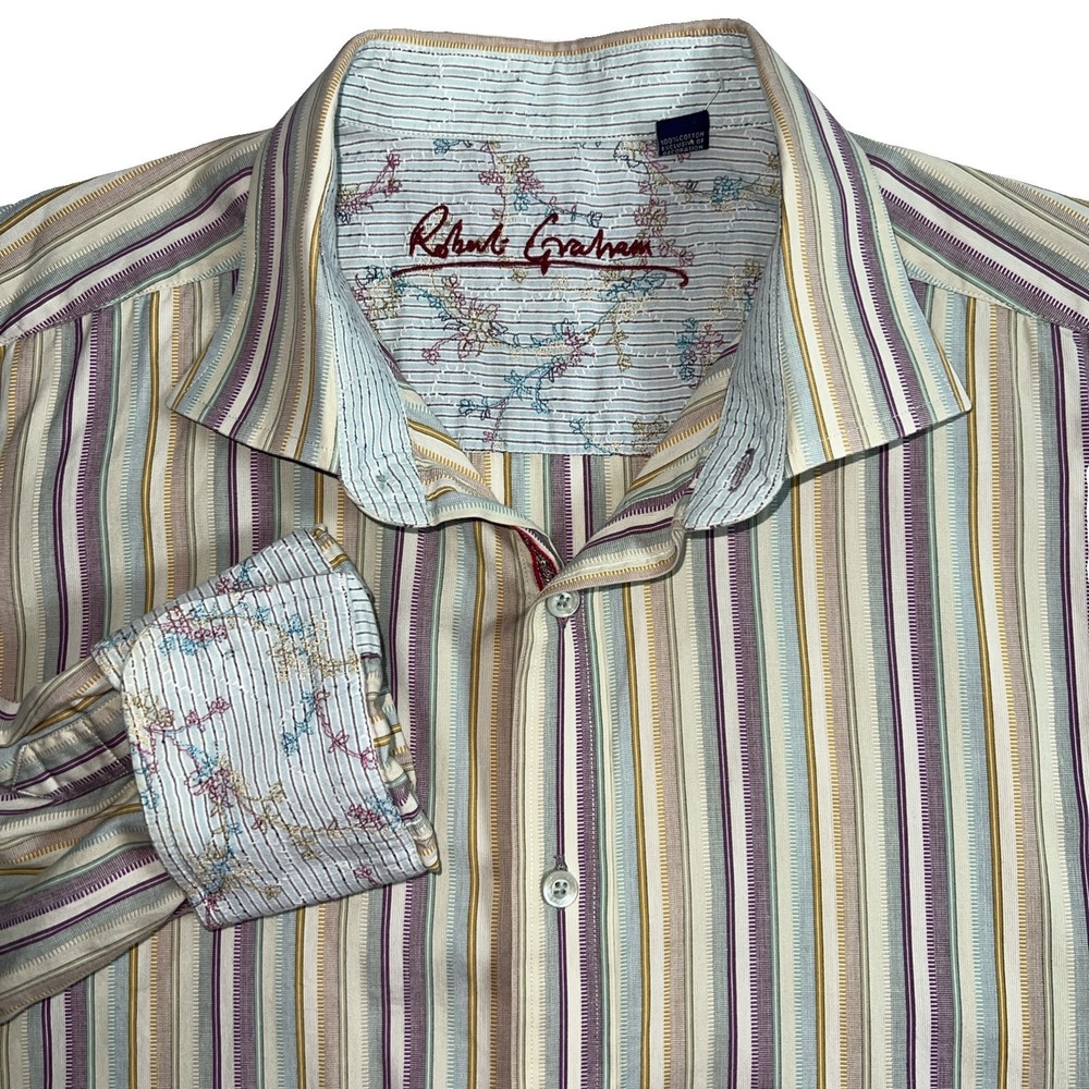Robert Graham Striped Shirt Embroidered Button Up Long Sleeve Flip Cuffs 2XL
